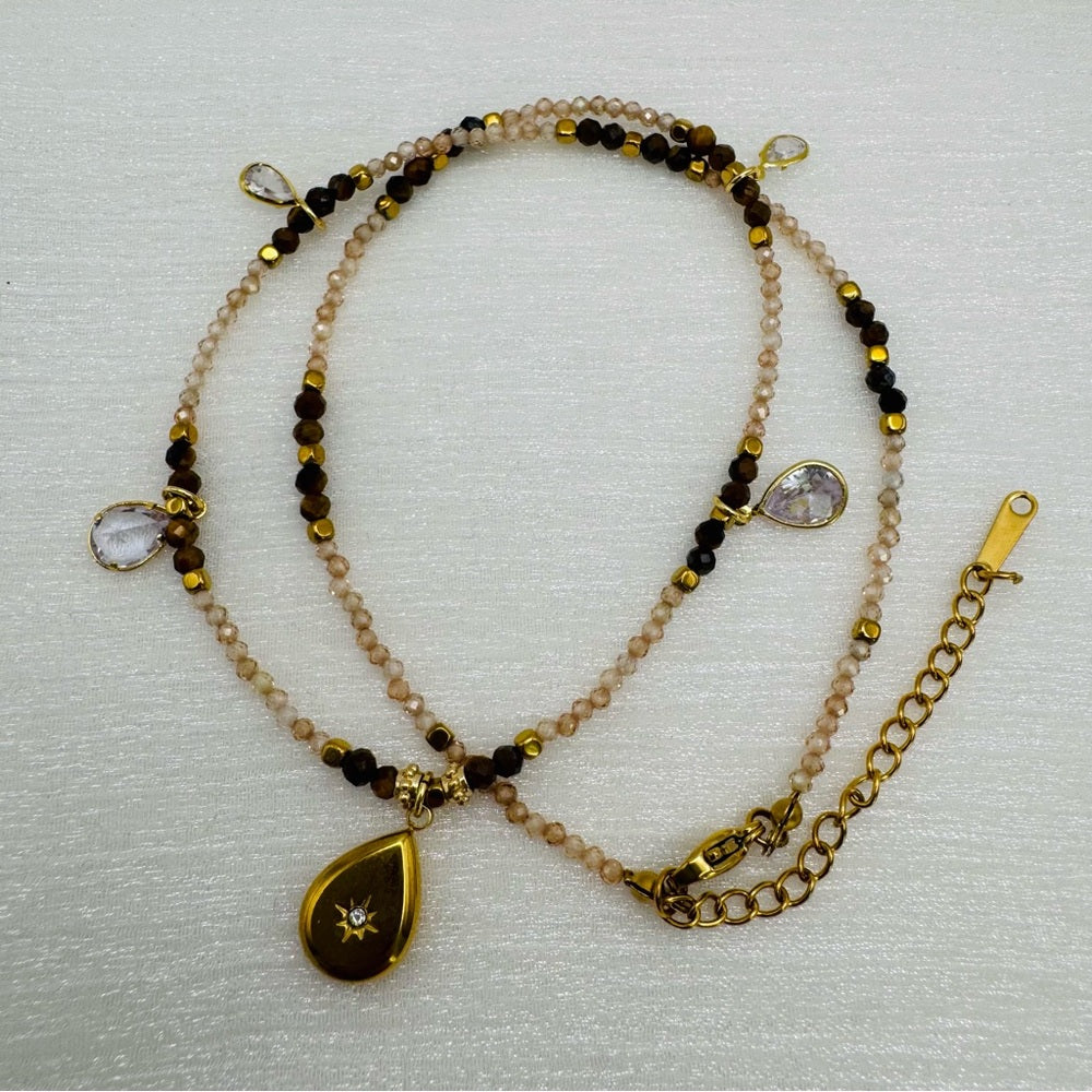 Tigers Eye Gemstone and Swarovski Crystal Teardrop Necklace Style #37