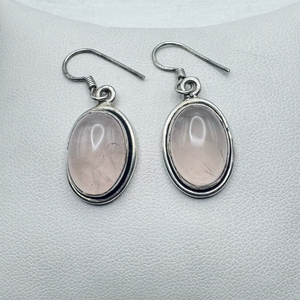S925 Rose Quartz Oval Dangle Earrings