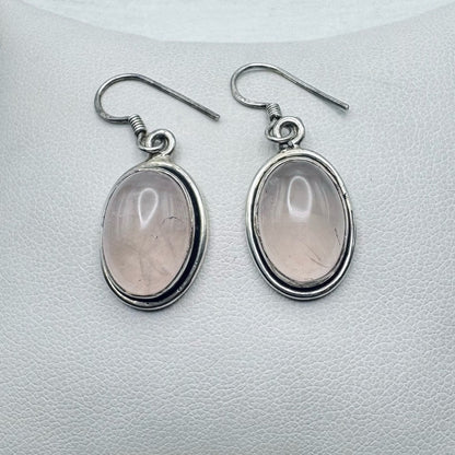 S925 Rose Quartz Oval Dangle Earrings