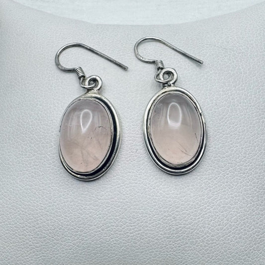 S925 Rose Quartz Oval Dangle Earrings