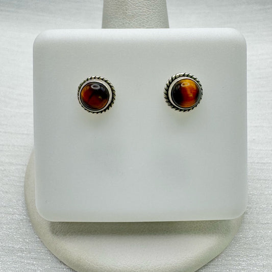 S925 Round Braided Tigers Eye Stud Earrings
