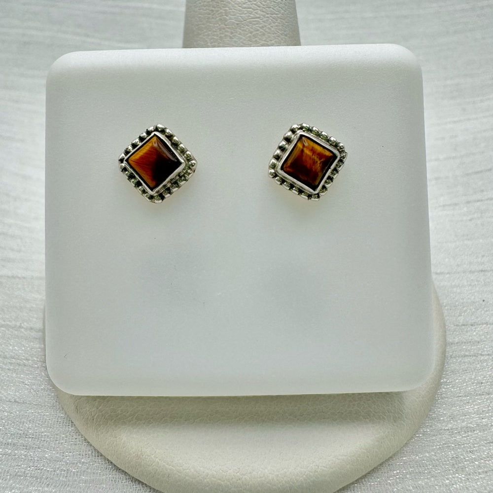 S925 Square Tigers Eye Stud Earrings