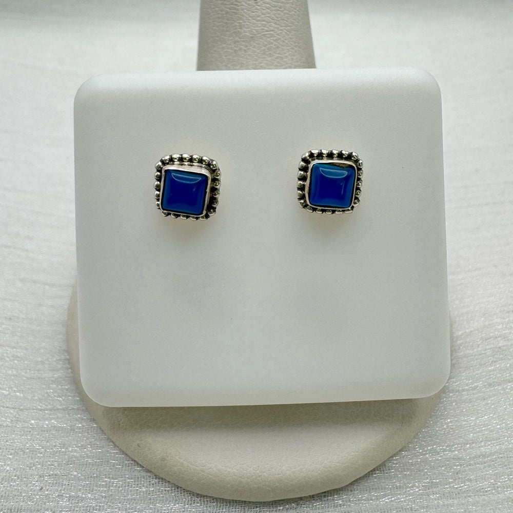 S925 Blue Chalcedony Square Stud Earrings