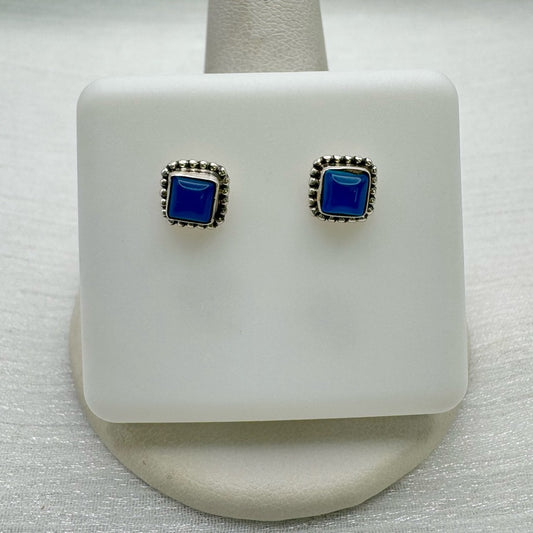 S925 Blue Chalcedony Square Stud Earrings