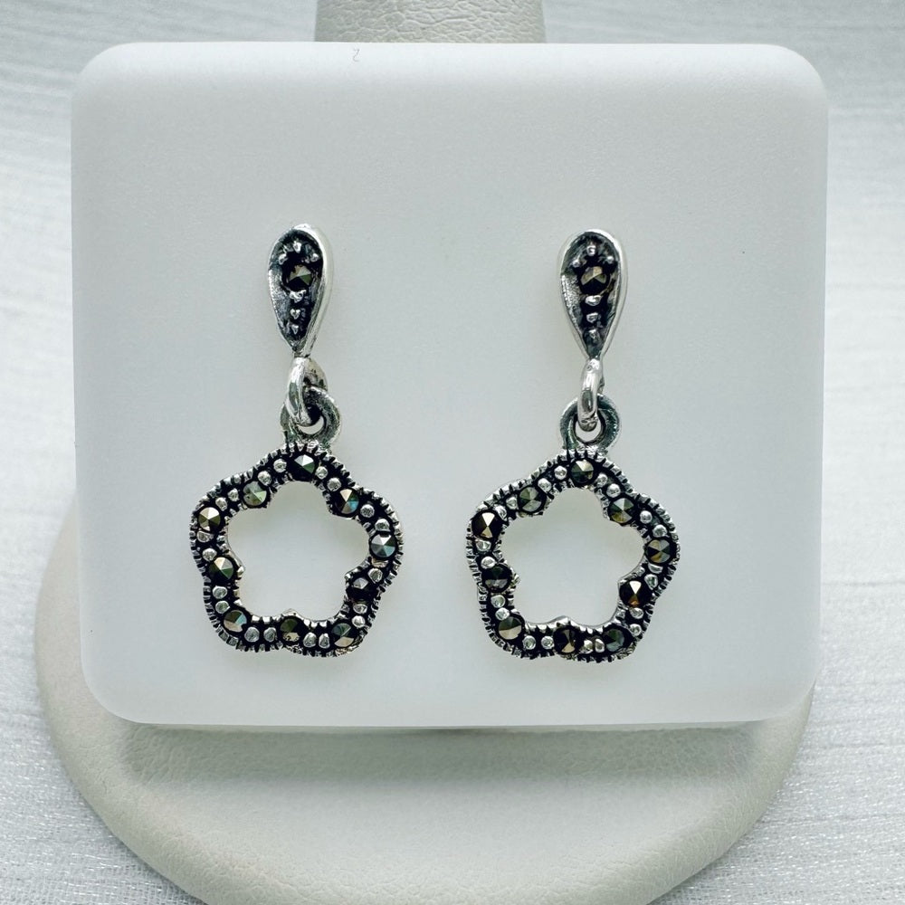 S925 Marcasite Flower Dangle Earrings