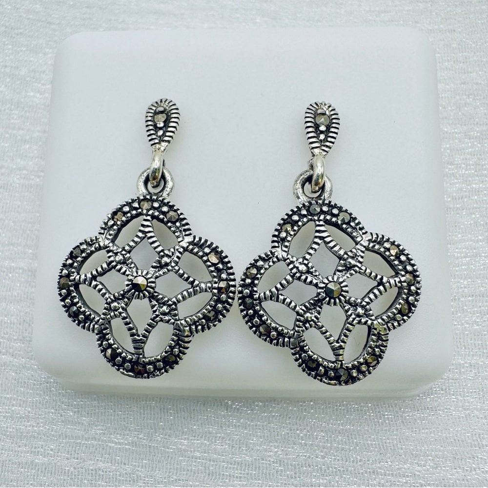 S925 Marcasite Flower Dangle Earrings