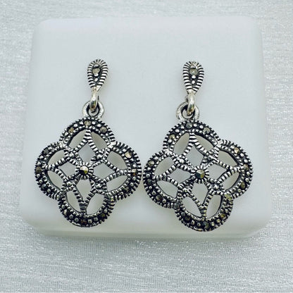 S925 Marcasite Flower Dangle Earrings