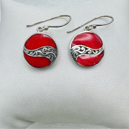 S925 Red Coral Circle Dangle Earrings