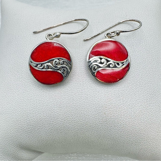 S925 Red Coral Circle Dangle Earrings