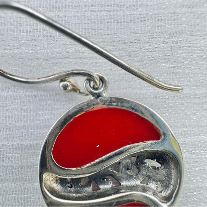 S925 Red Coral Circle Dangle Earrings