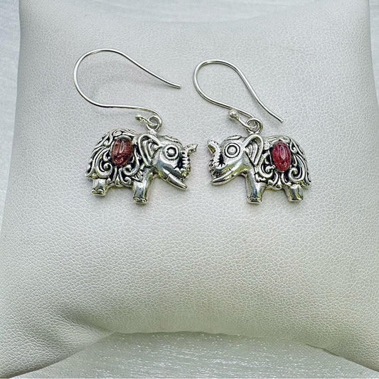 S925 Pink Tourmaline Elephant Dangle Earrings