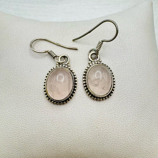 S925 Rose Quartz Oval Dangle Earrings