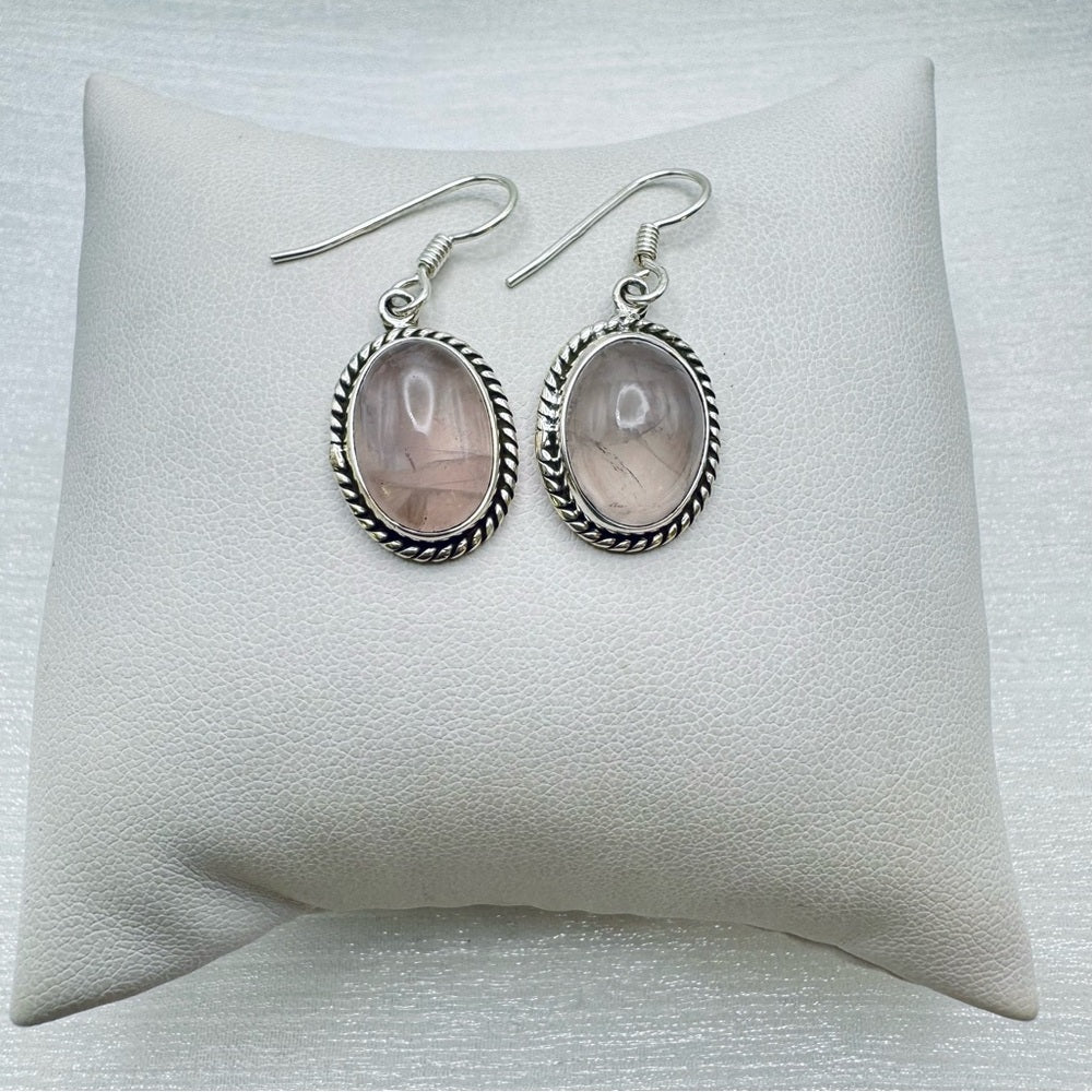 S925 Rose Quartz Oval Dangle Earrings