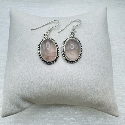 S925 Rose Quartz Oval Dangle Earrings