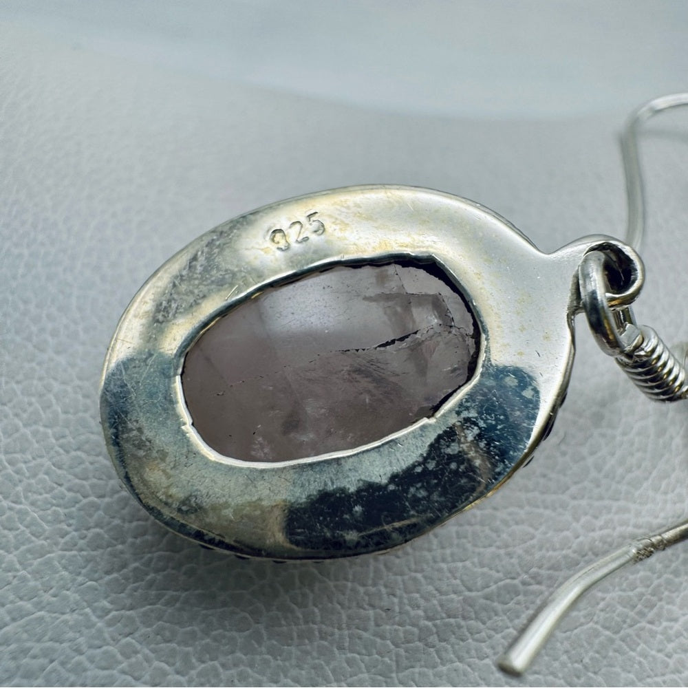 S925 Rose Quartz Oval Dangle Earrings