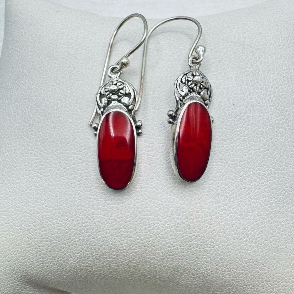 S925 Elongated Red Coral Dangle Earrings