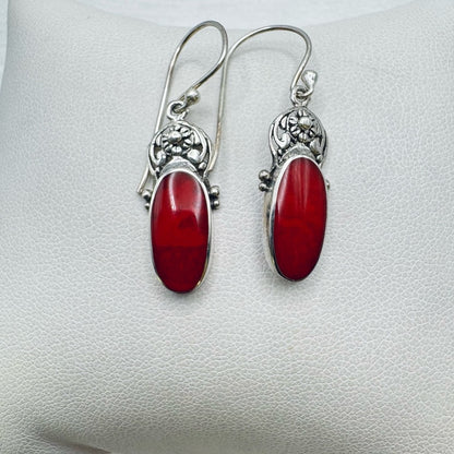 S925 Elongated Red Coral Dangle Earrings