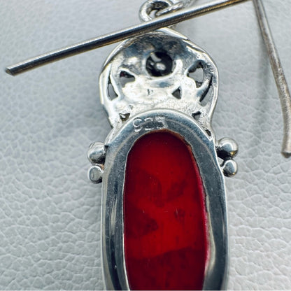 S925 Elongated Red Coral Dangle Earrings