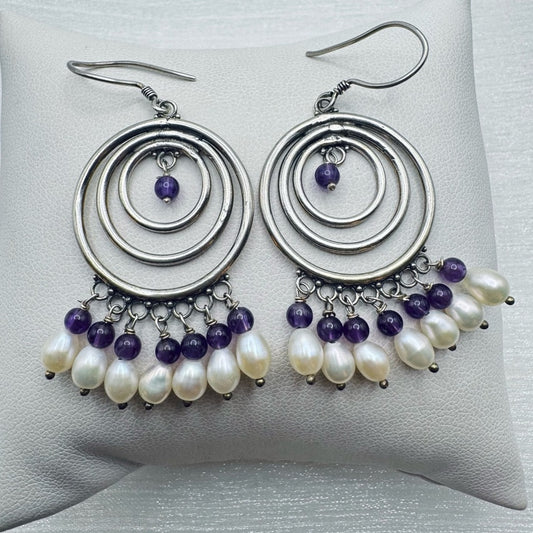S925 Freshwater Pearl and Amethyst Gemstone Dangle Earrings