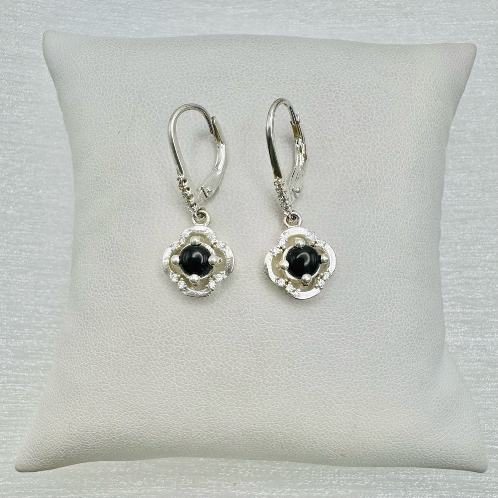 S925 Black Onyx Clover Dangle Earrings
