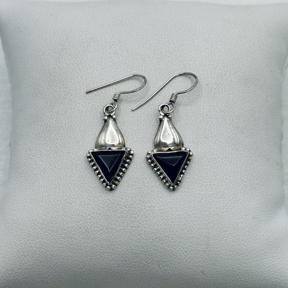 S925 Black Onyx Triangle Dangle Earrings