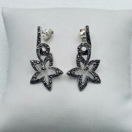 S925 Marcasite Flower Dangle Earrings