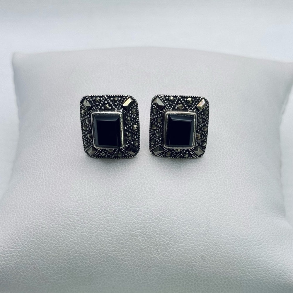 S925 Marcasite and Black Onyx Square Studs