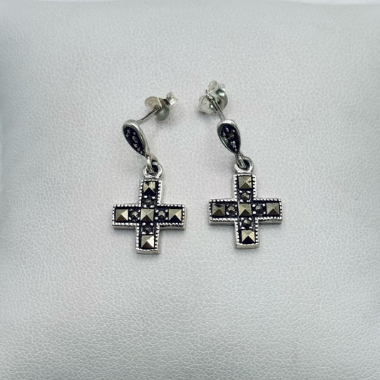 S925 Marcasite Cross Dangle Earrings
