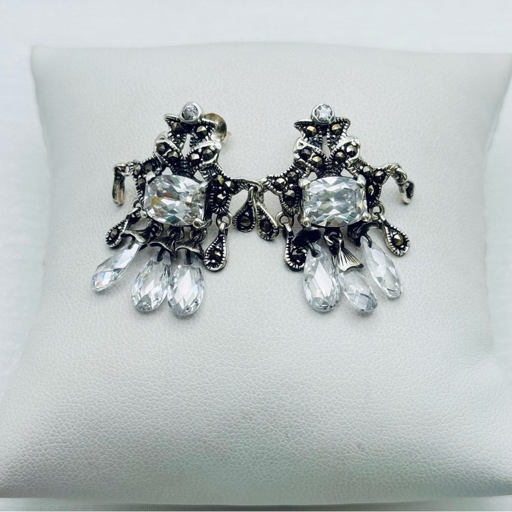 S925 Marcasite and Crystal Dangle Earrings