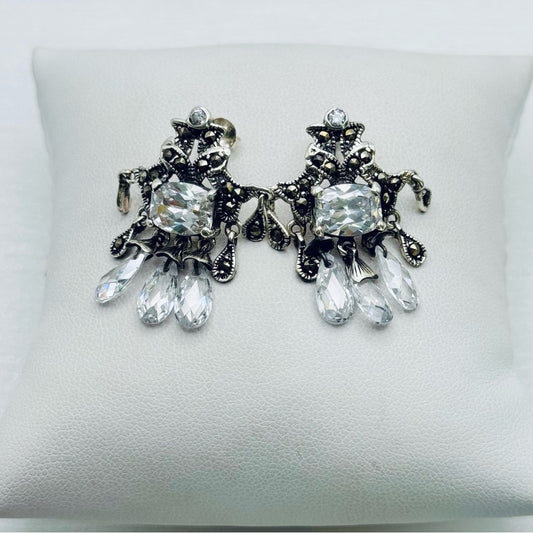 S925 Marcasite and Crystal Dangle Earrings