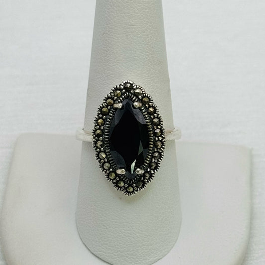 S925 Black Onyx and Marcasite Ring
