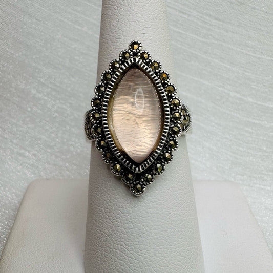 S925 Rose Quartz and Marcasite Marquise Ring