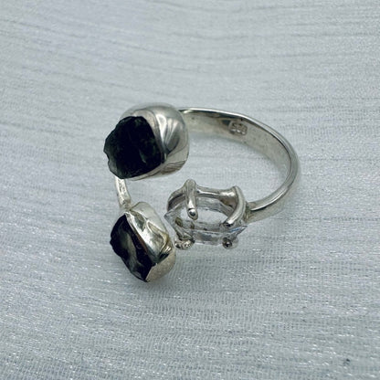 S925 Moldavite and Herkimer Quartz Ring