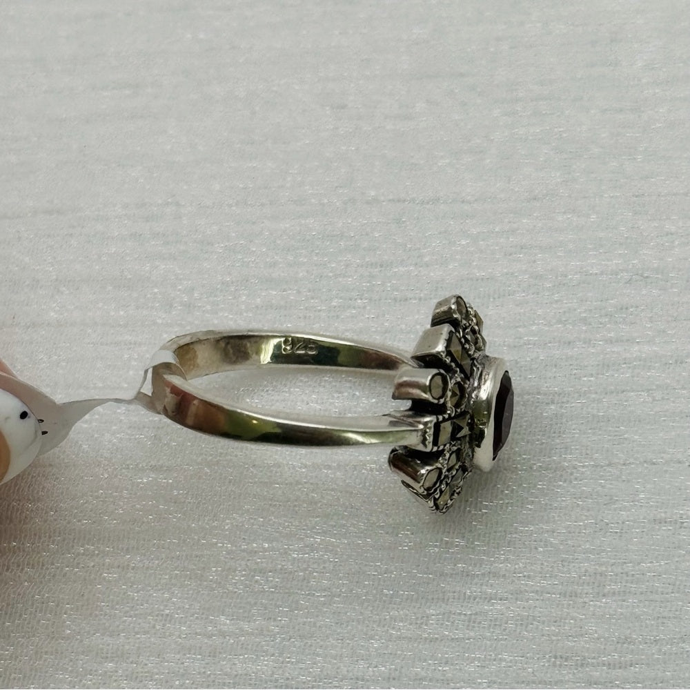 S925 Garnet and Marcasite Flower Ring