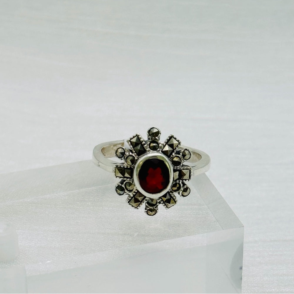 S925 Garnet and Marcasite Flower Ring