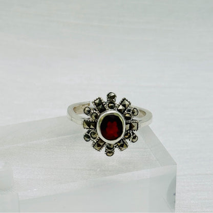 S925 Garnet and Marcasite Flower Ring