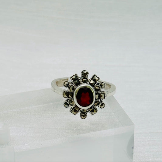 S925 Garnet and Marcasite Flower Ring