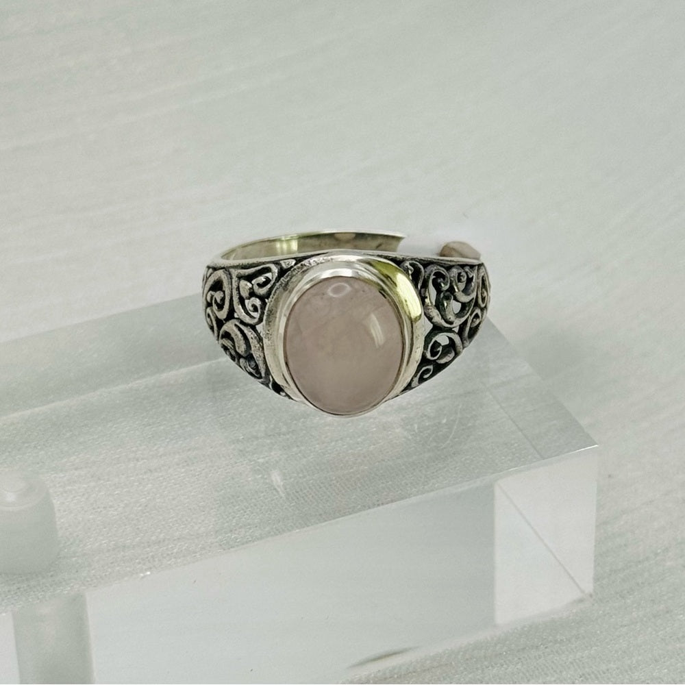 S925 Rose Quartz Heart Swirl Ring