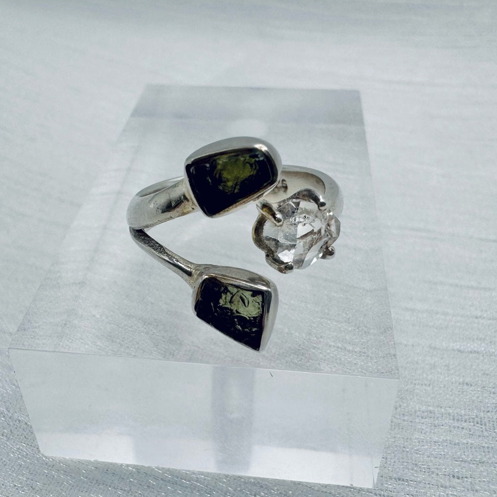 S925 Moldavite and Herkimer Quartz Ring