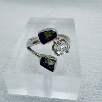 S925 Moldavite and Herkimer Quartz Ring