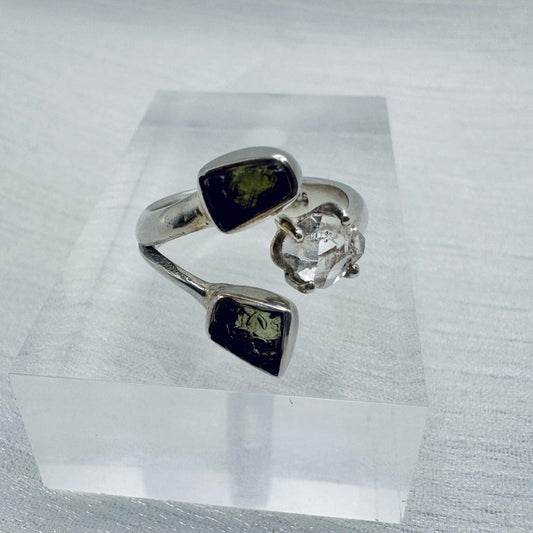 S925 Moldavite and Herkimer Quartz Ring