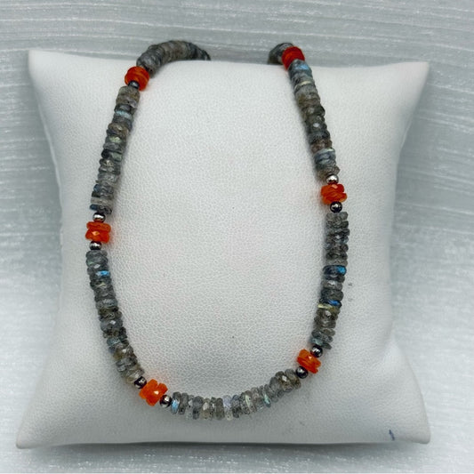 S925 Labradorite and Carnelian Gemstone Necklace 16” and 2” Extender