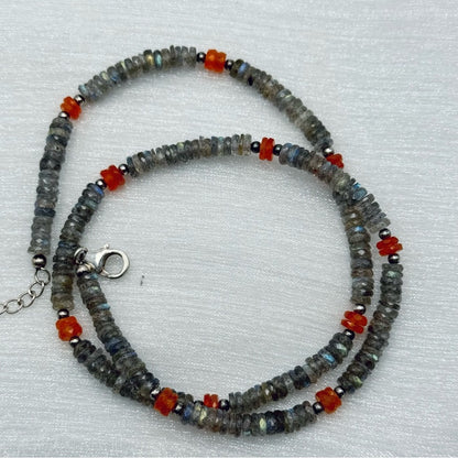 S925 Labradorite and Carnelian Gemstone Necklace 16” and 2” Extender