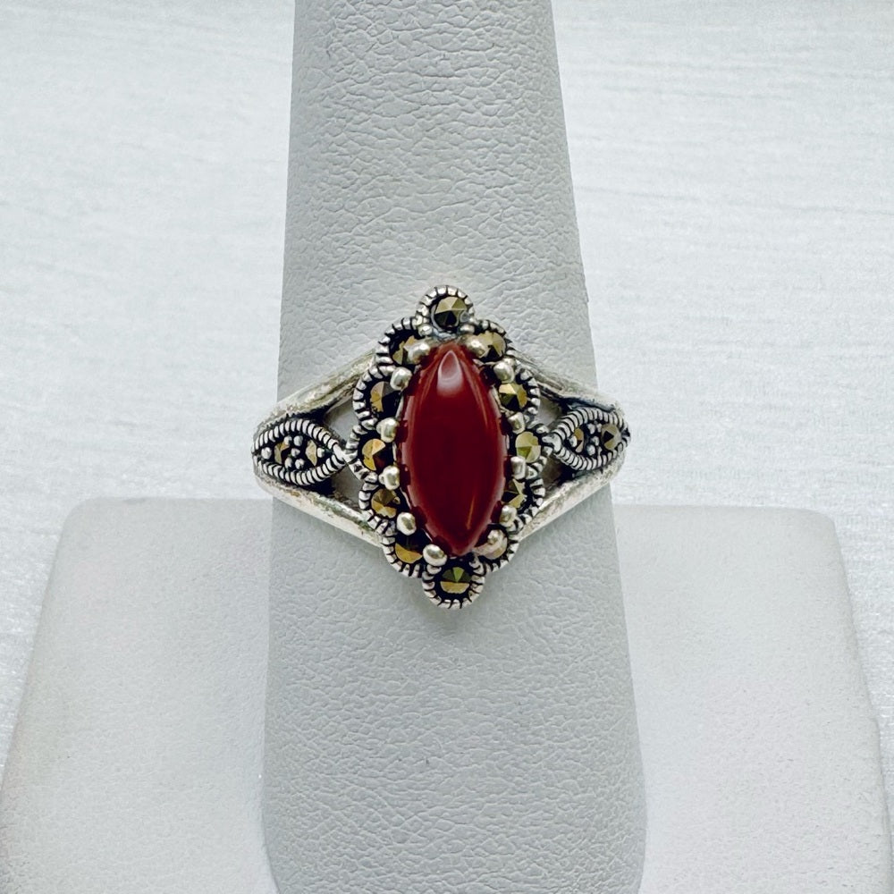 S925 Carnelian and Marcasite Ring