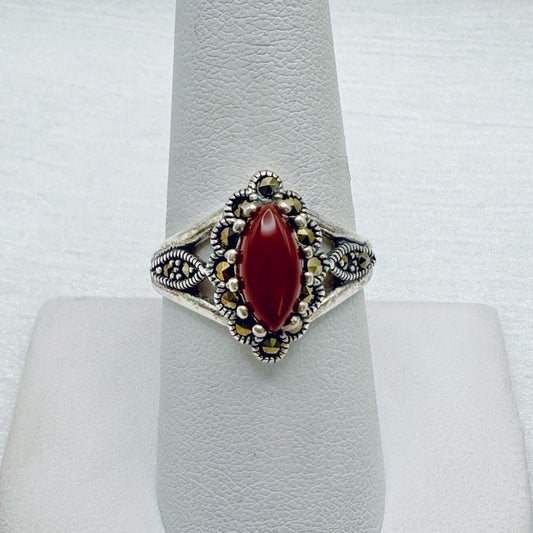S925 Carnelian and Marcasite Ring