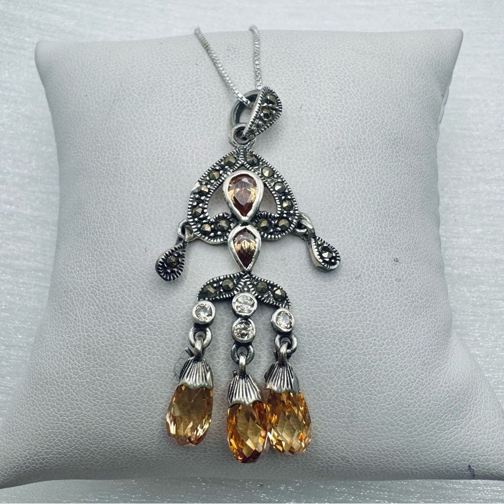S925 Citrine and Marcasite Dangle Pendant