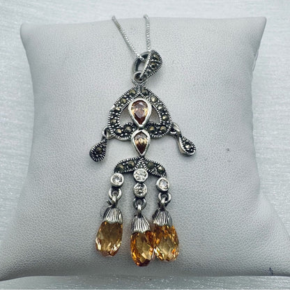 S925 Citrine and Marcasite Dangle Pendant