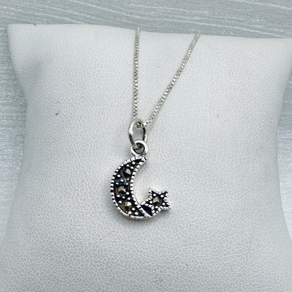 S925 Marcasite Moon and Star Pendant