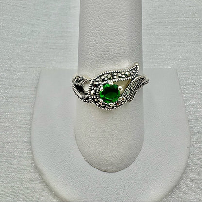 S925 Marcasite Emerald Green Ring