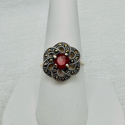 S925 Red Marcasite Ring